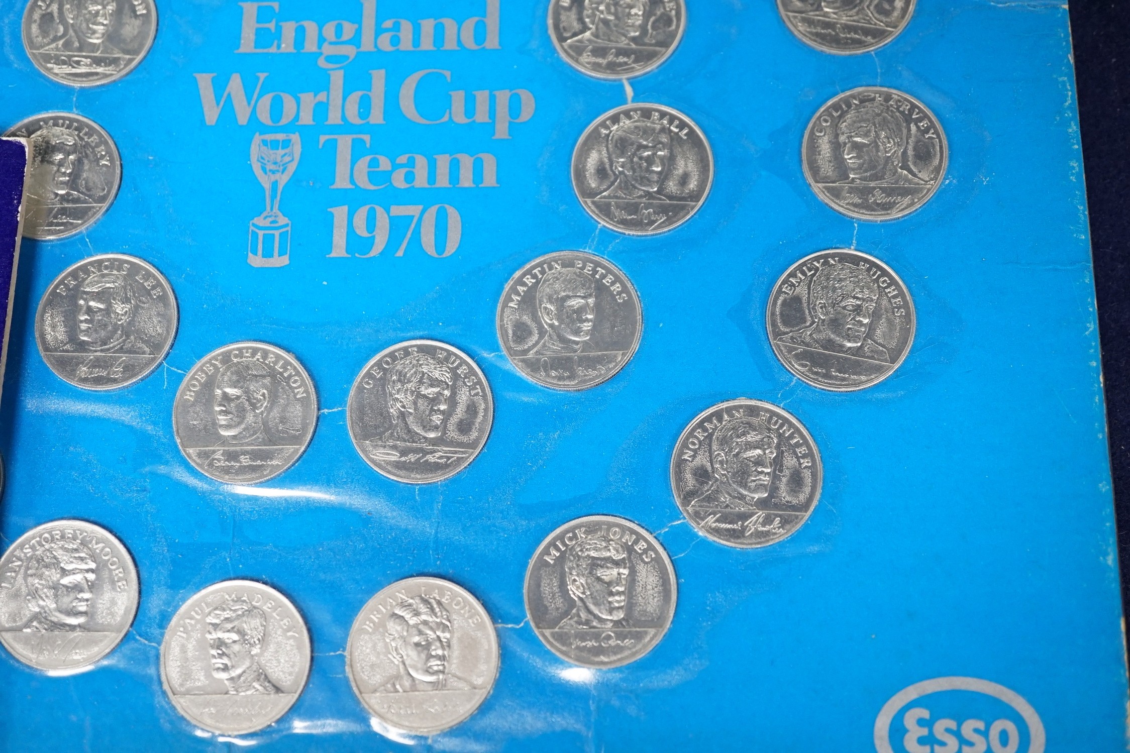 Shell and Esso collector's medals and coins for 1970 World cup, man in flight and FA cup centenary 1872-1972